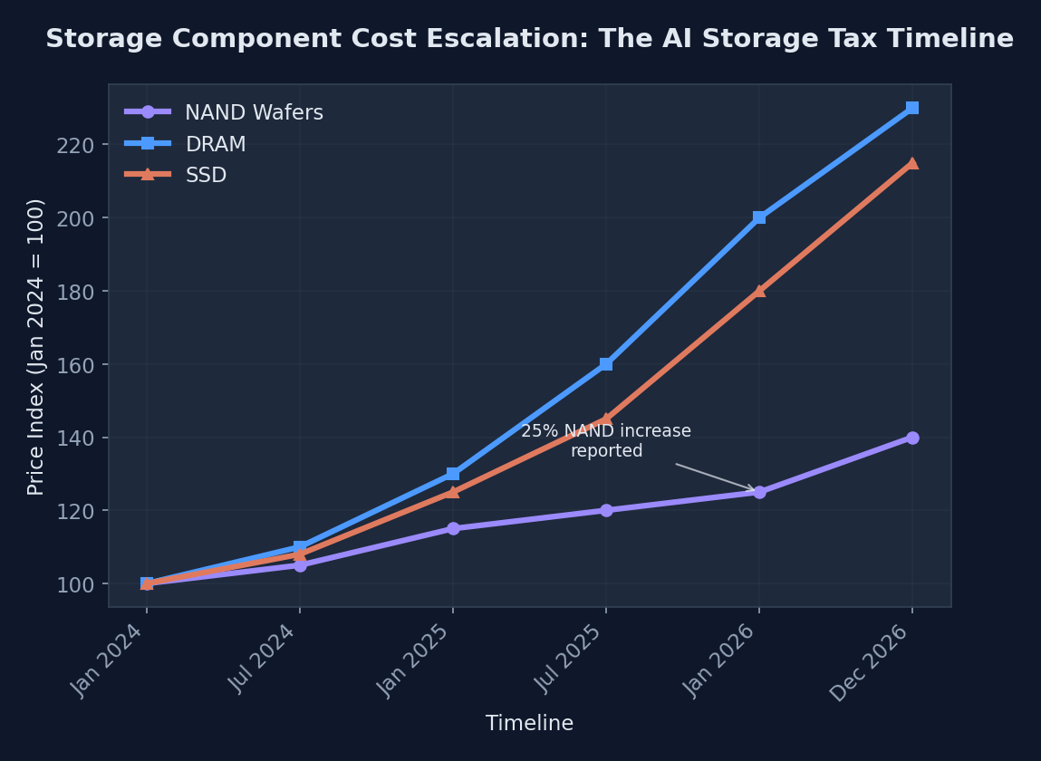 Line chart showing projected storage cost increases from 2024 to 2026, with NAND, DRAM, and SSD prices rising dramatically