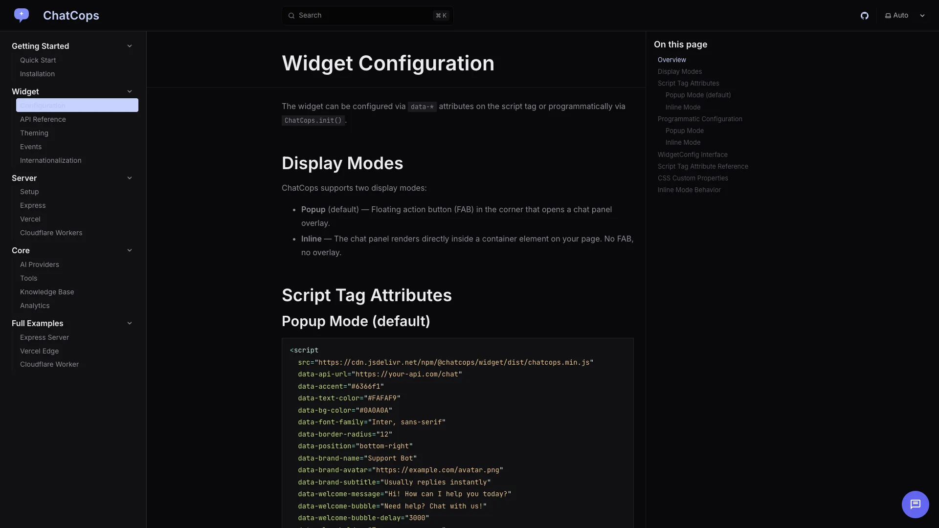 ChatCops widget configuration reference with data attributes
