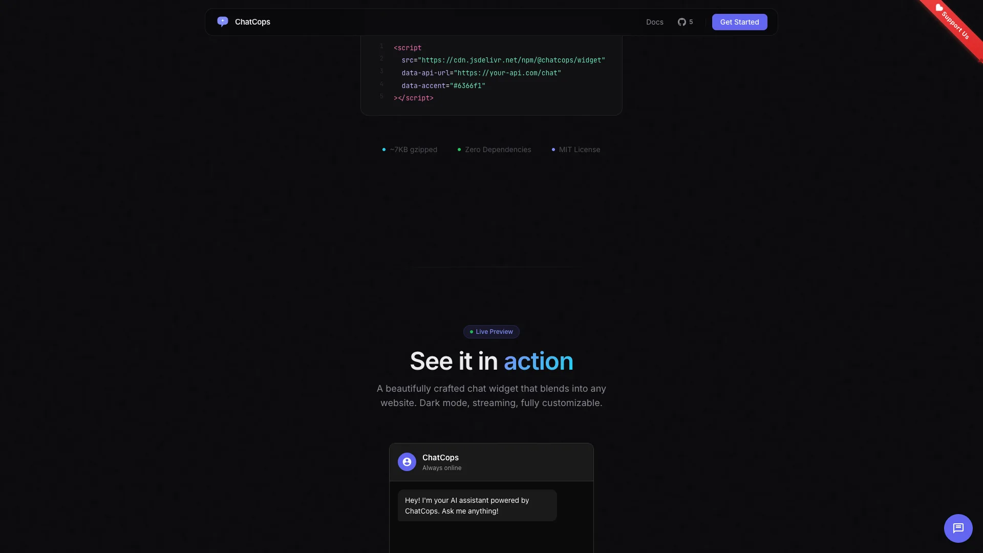 ChatCops landing page with live demo widget and code example