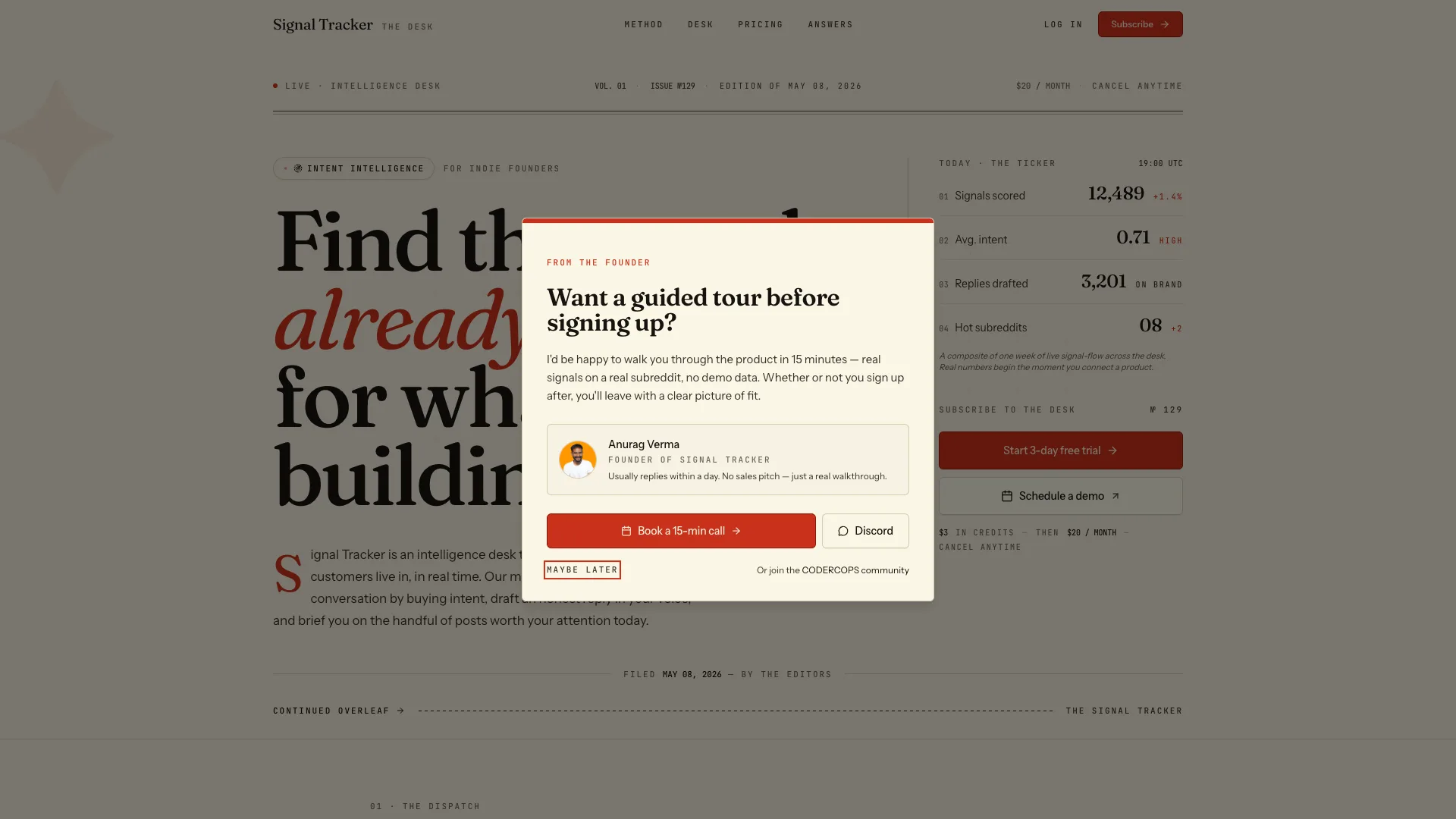 Signal Tracker — AI lead intelligence desk for indie founders